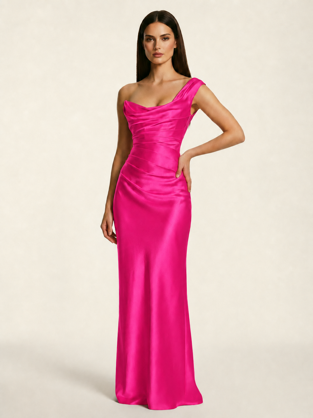 Single-shoulder satin back strap design formal dress