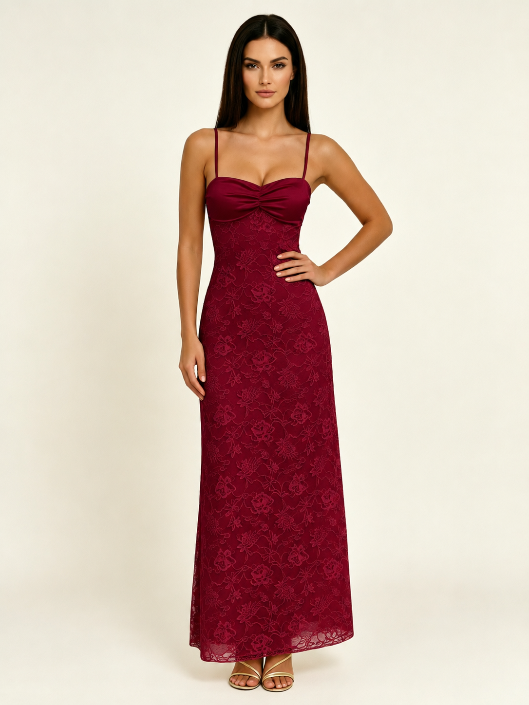 Satin Bust Lace Midi Maxi Dress, Spaghetti Strap Cross Lace Up Back Bridesmaid Dress