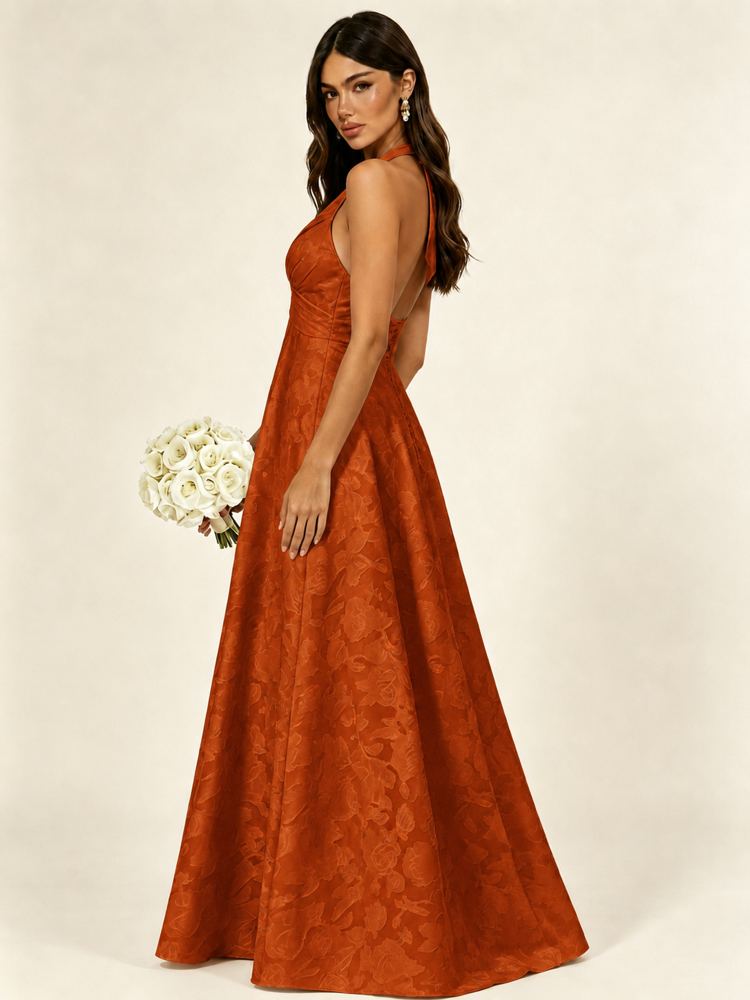 Floral Jacquard Halter Deep V A-Line Maxi Dress Backless Lace-Up Corset Bridesmaid Dress