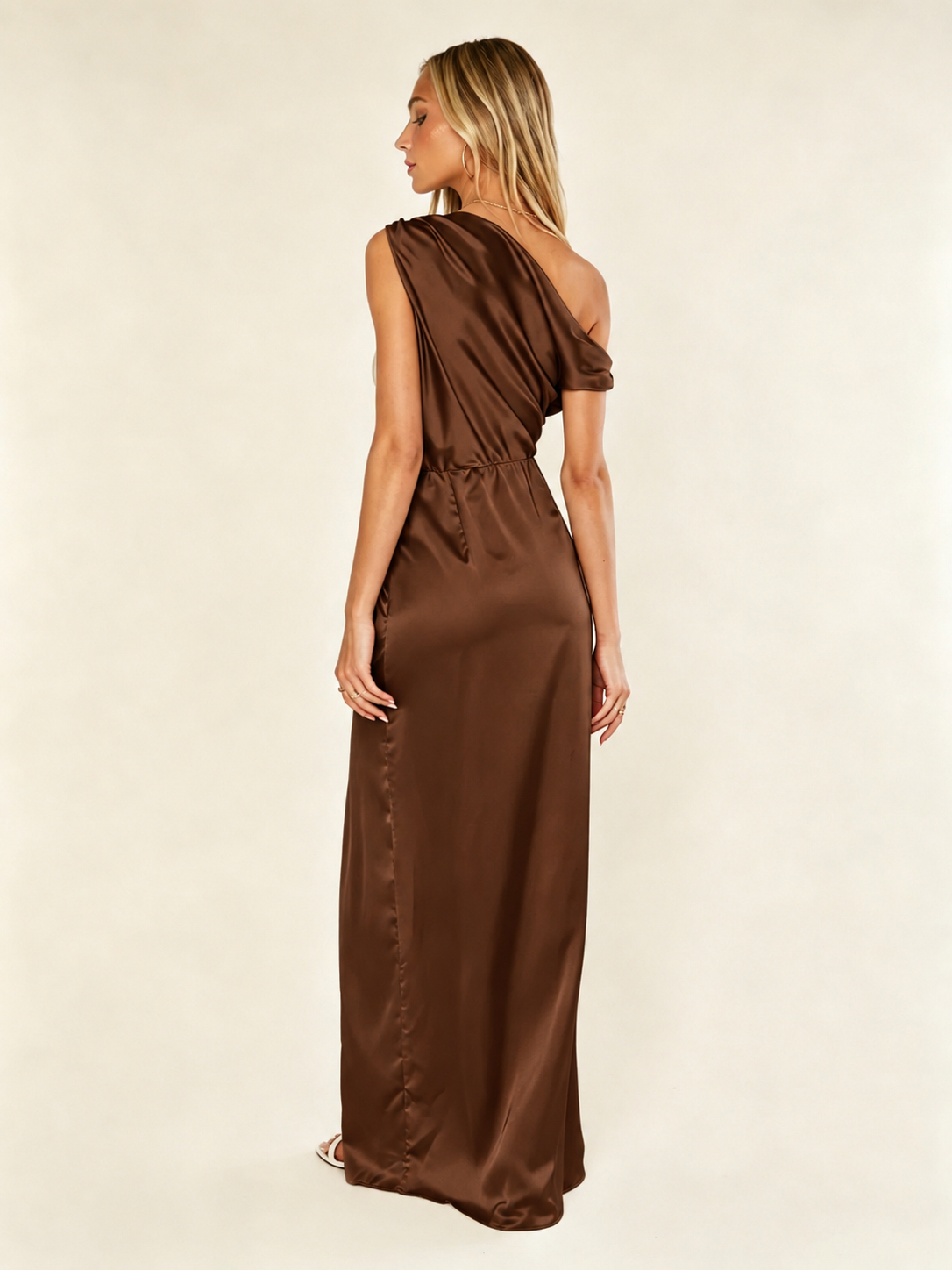 Satin One Shoulder Maxi Dress Asymmetric Draped High Slit Bridesmaid Dress