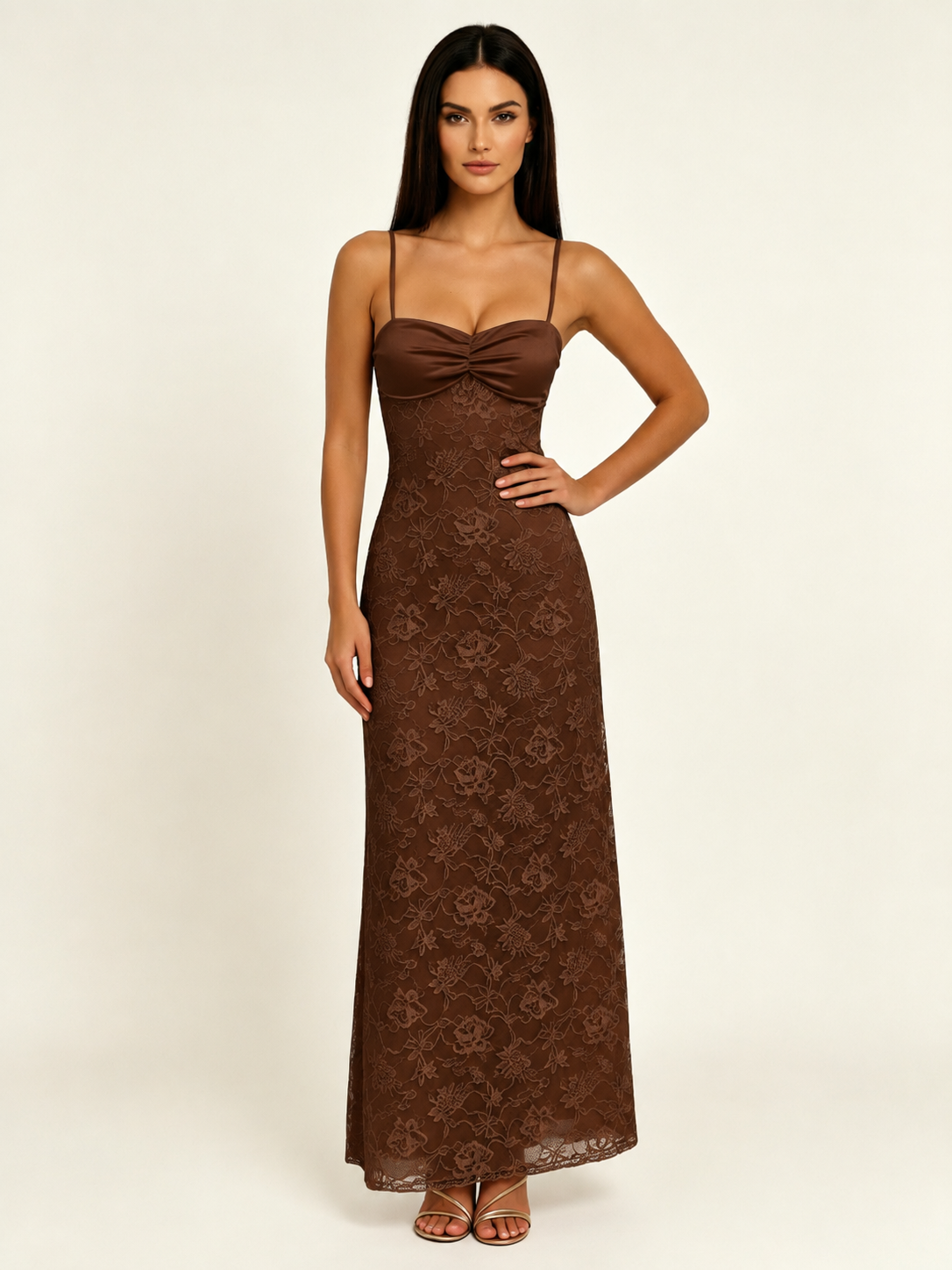 Satin Bust Lace Midi Maxi Dress, Spaghetti Strap Cross Lace Up Back Bridesmaid Dress