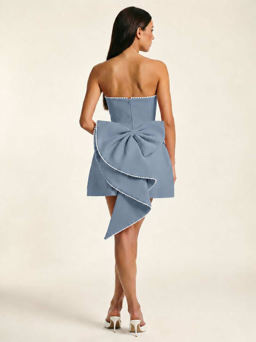 Strapless Pearl Trim Bow Back A-Line Mini Dress