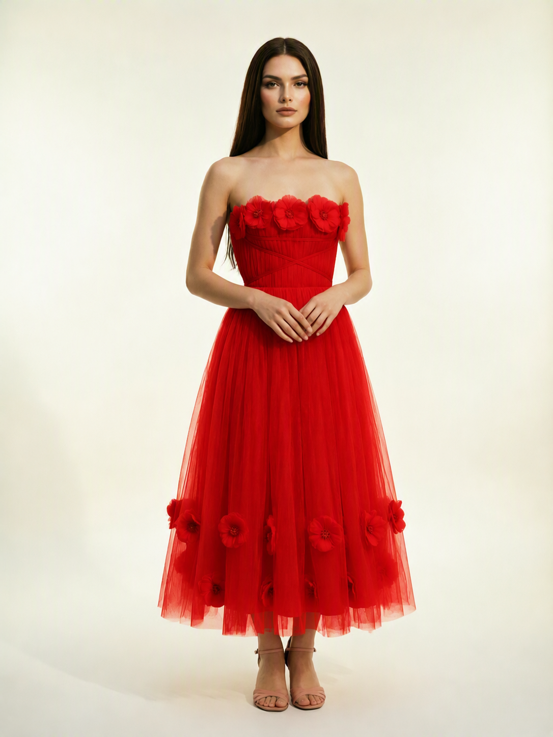 Strapless Tulle Midi Dress with 3D Floral Appliqués, Lace-Up Corset Back