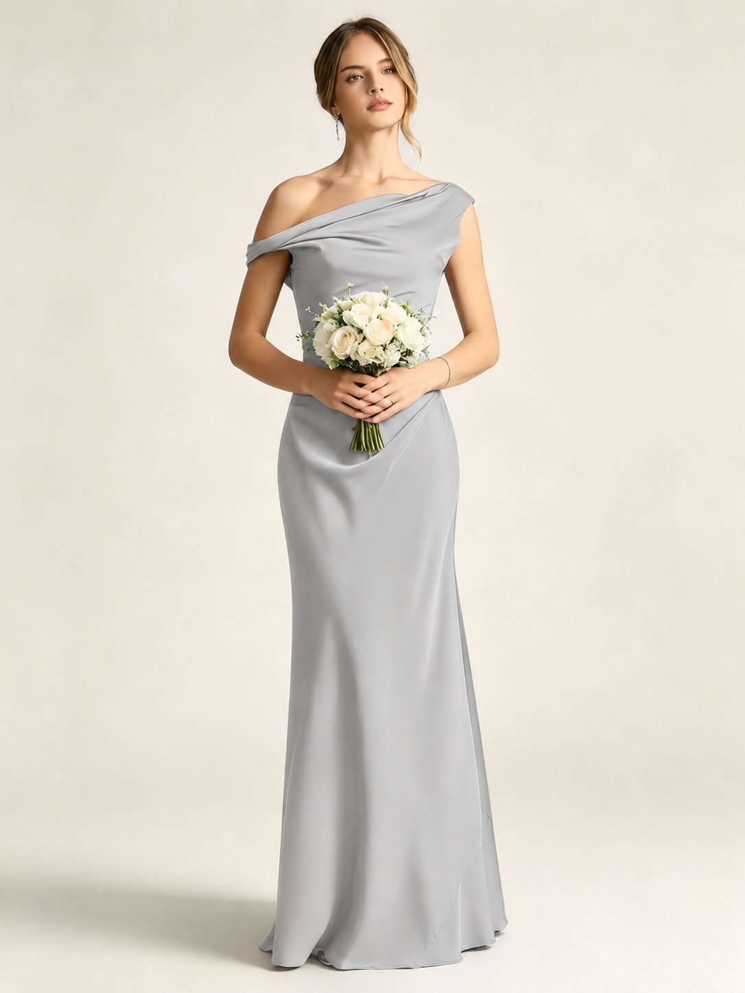 Satin Mermaid Bridesmaid Maxi Dress, Asymmetrical Off Shoulder Ruched Waist Open Back