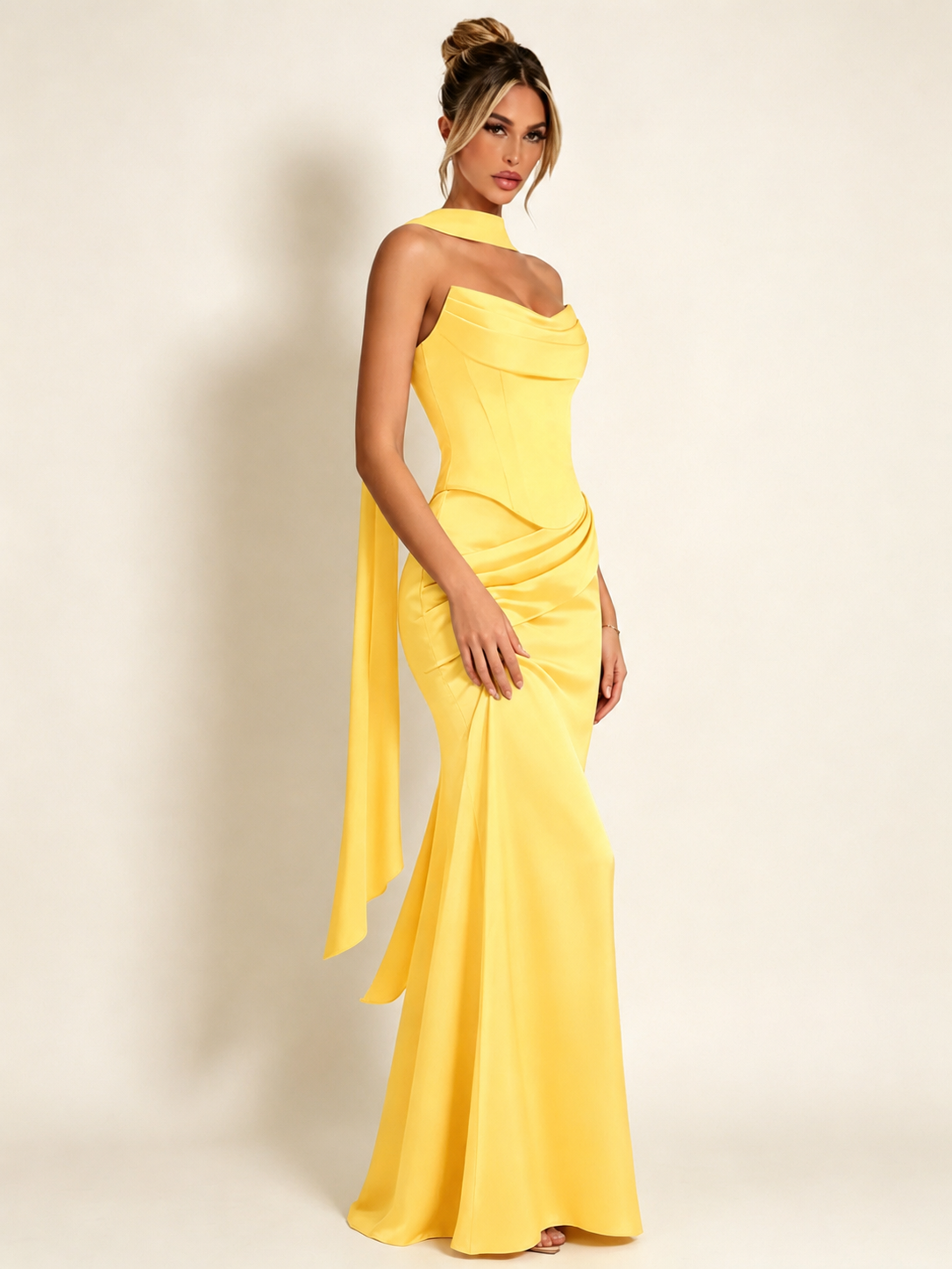 Satin Cowl Neck Mermaid Evening Dress with Corset Bodice and Draped Straps