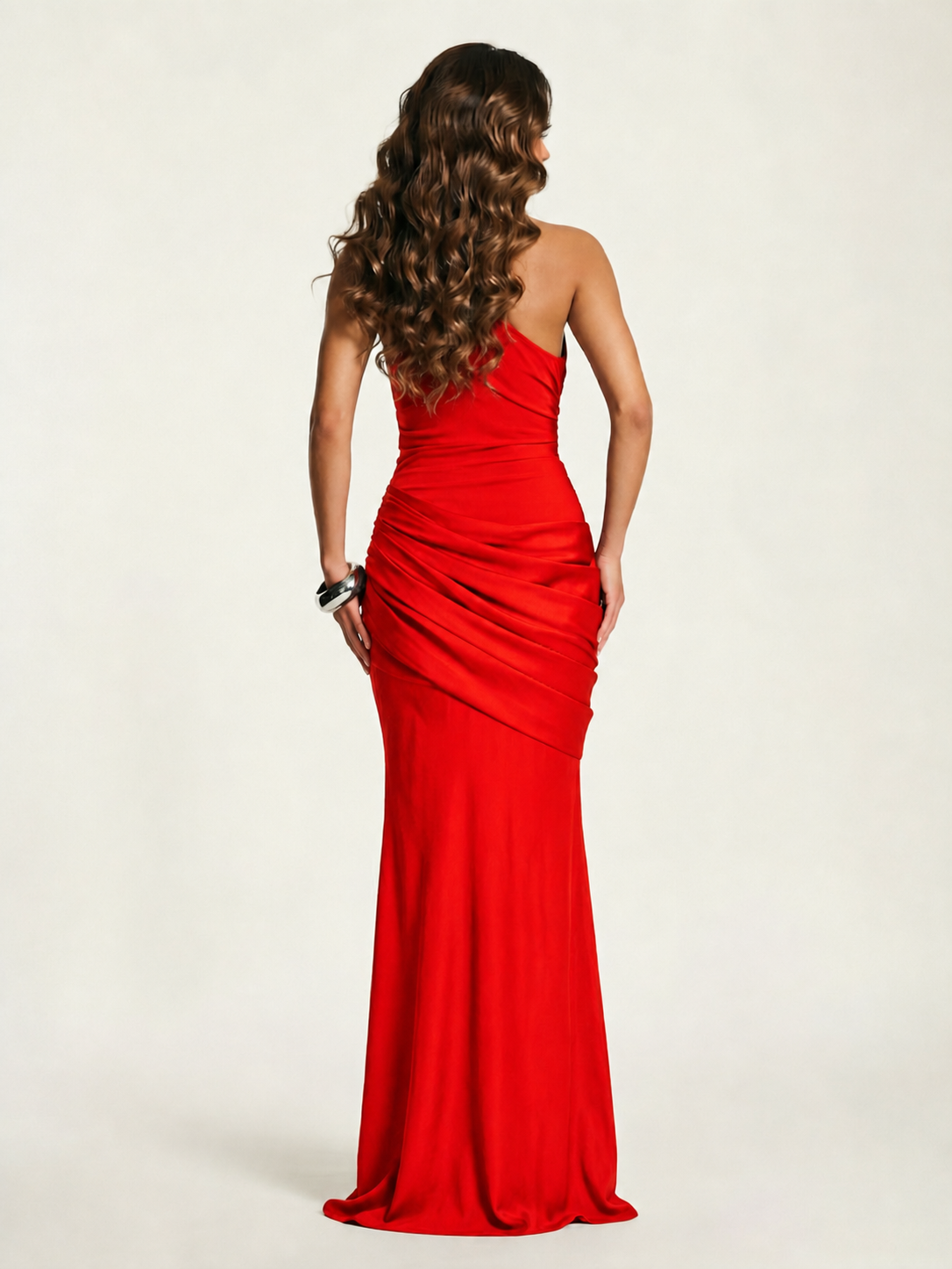 Single-shoulder satin floor-length evening dress