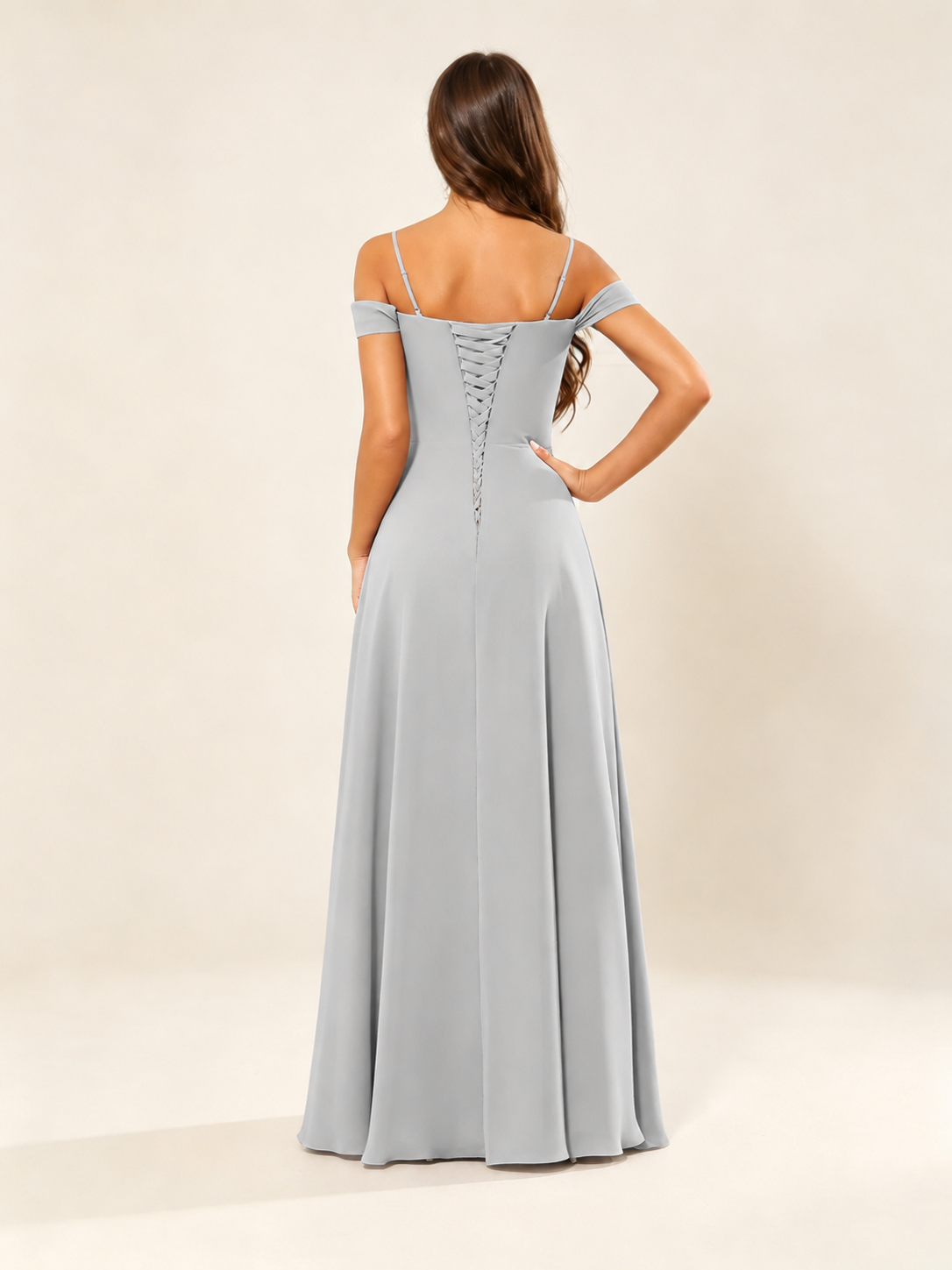 Off shoulder chiffon bridesmaid dress with high slit ruffle