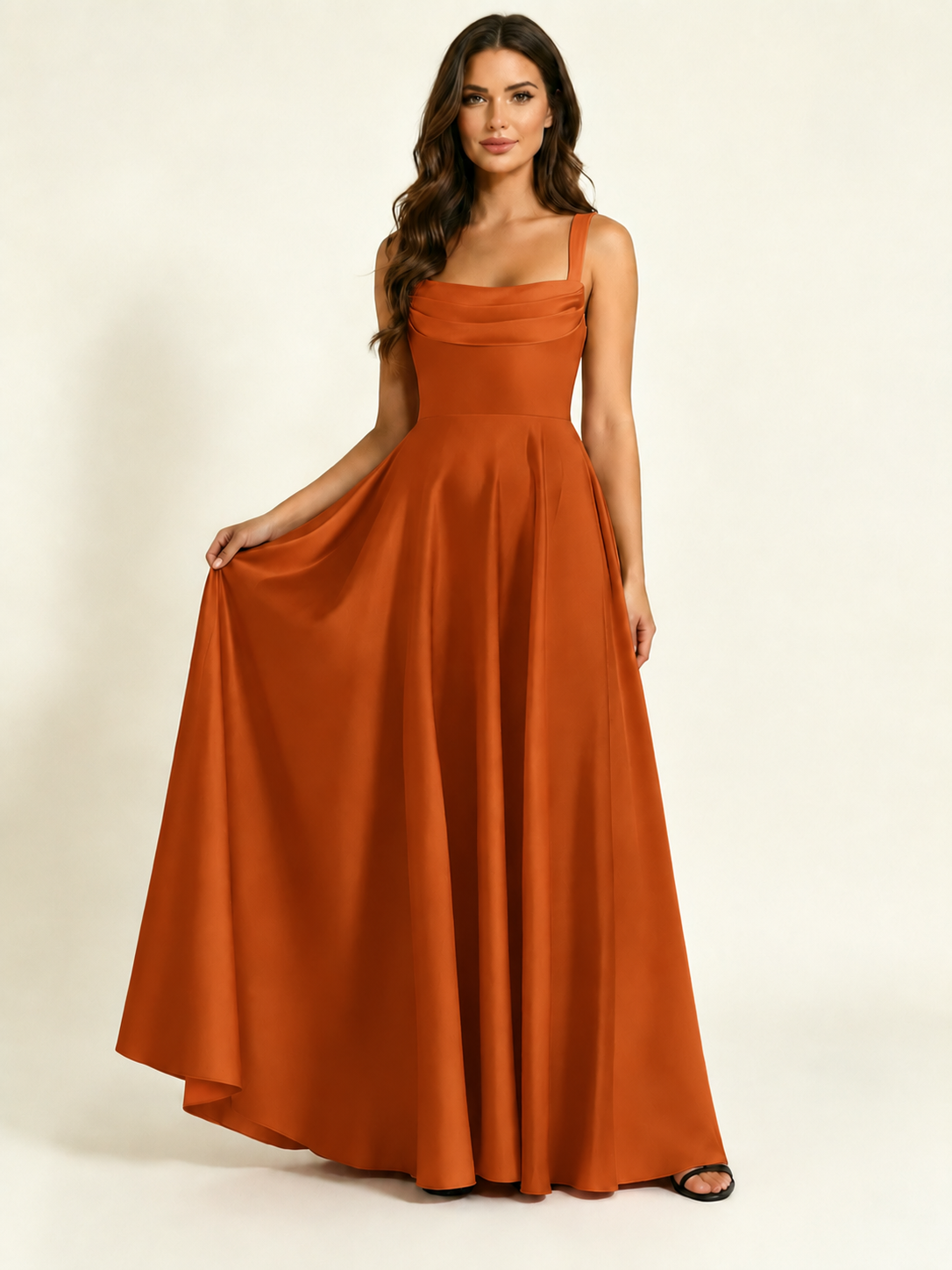 Satin Draped Cowl Square Neck A-Line Maxi Bridesmaid Dress