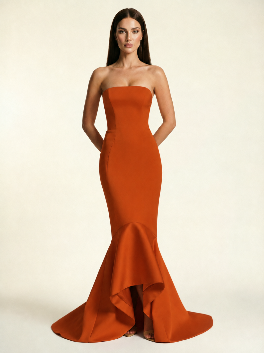 Strapless Satin Mermaid Dress With Ruffled Train & Lace-Up Back