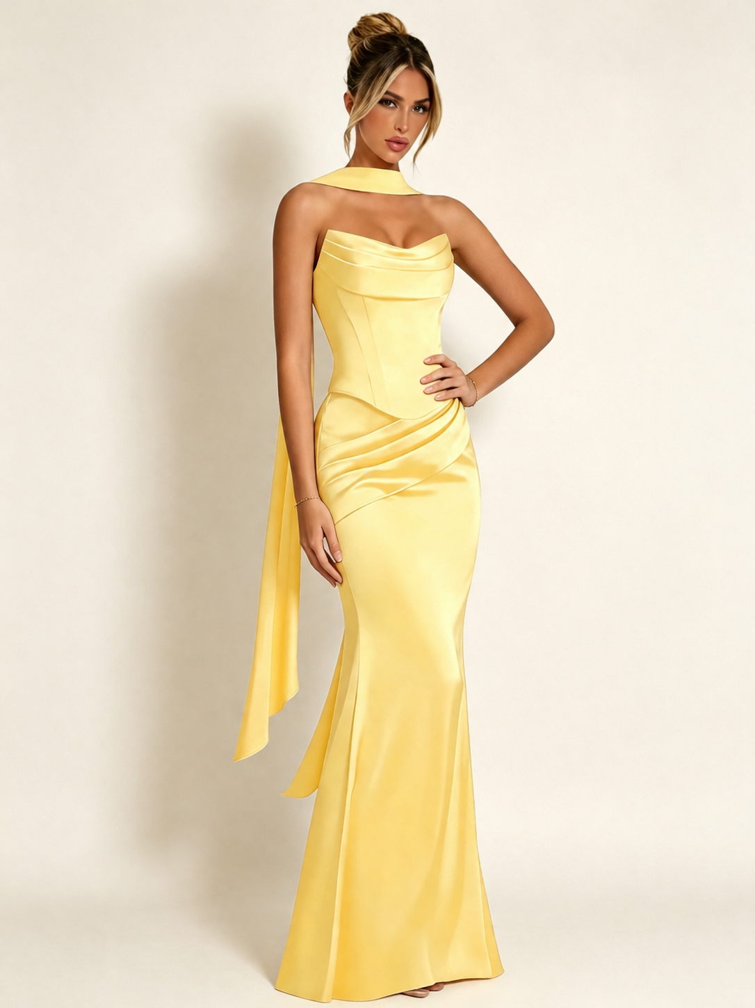 Satin Cowl Neck Mermaid Evening Dress with Corset Bodice and Draped Straps