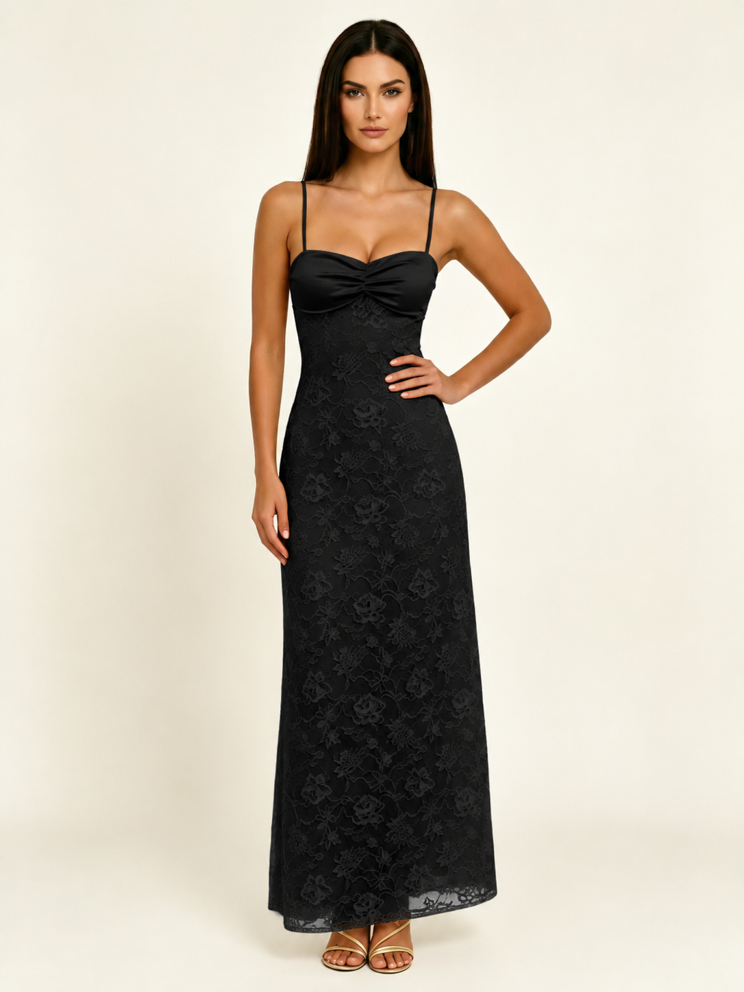 Satin Bust Lace Midi Maxi Dress, Spaghetti Strap Cross Lace Up Back Bridesmaid Dress