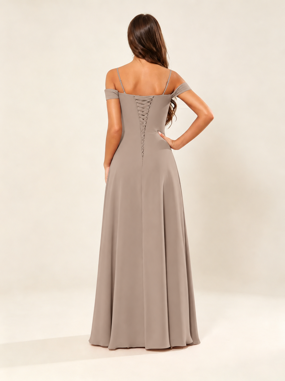 Off shoulder chiffon bridesmaid dress with high slit ruffle