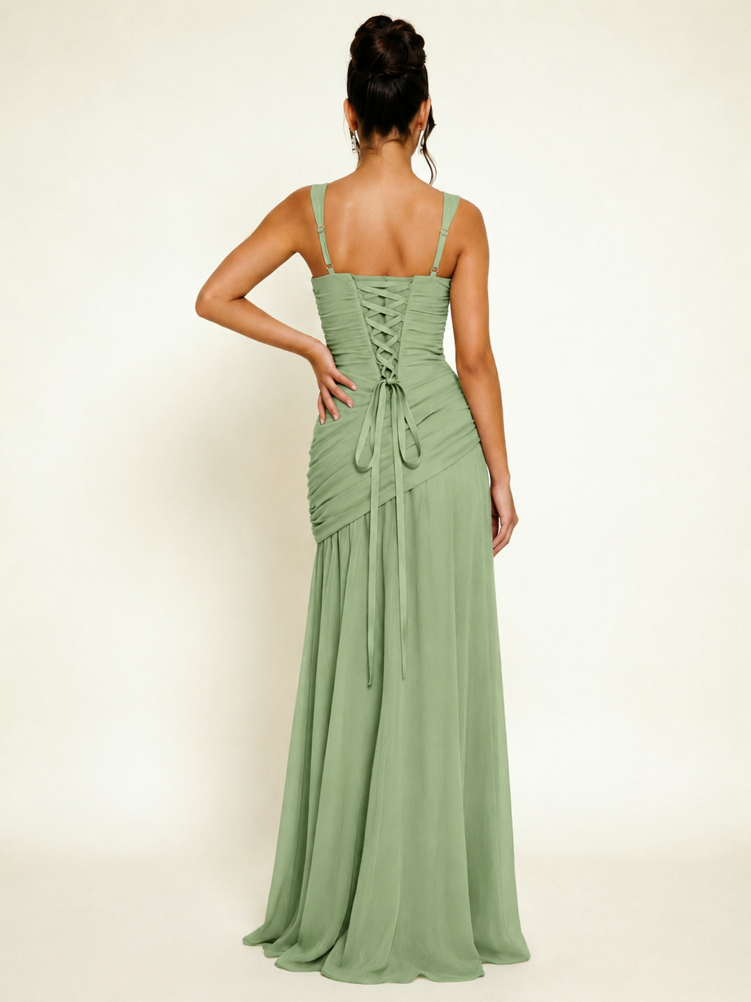 Adjustable Strap Shiny Draped Formal Maxi Dress with Corset Lace Up Back