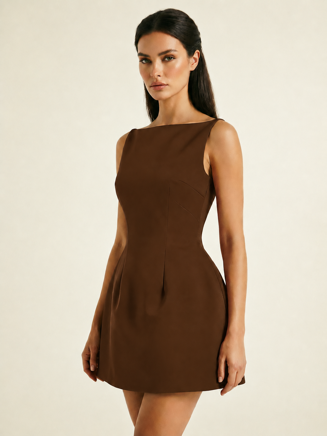 Satin Boat Neck Open Back Fit & Flare Mini Dress