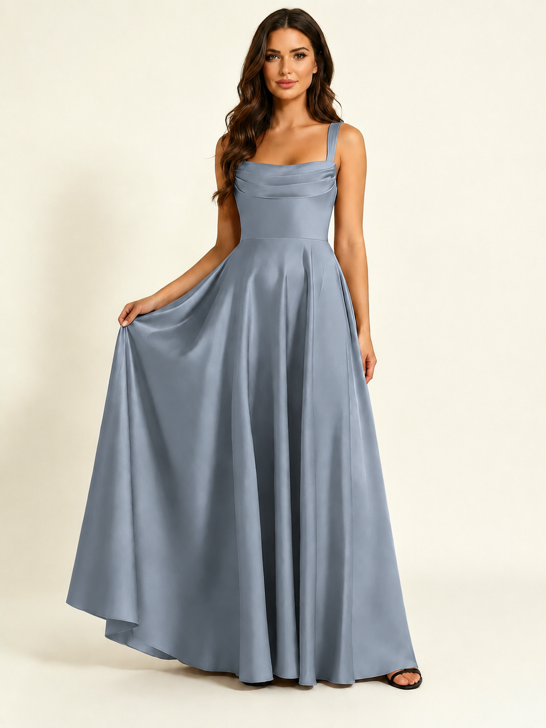 Satin Draped Cowl Square Neck A-Line Maxi Bridesmaid Dress