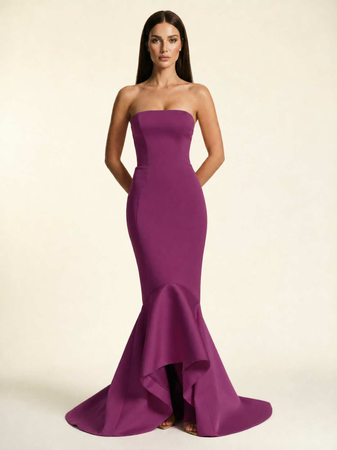 Strapless Satin Mermaid Dress With Ruffled Train & Lace-Up Back