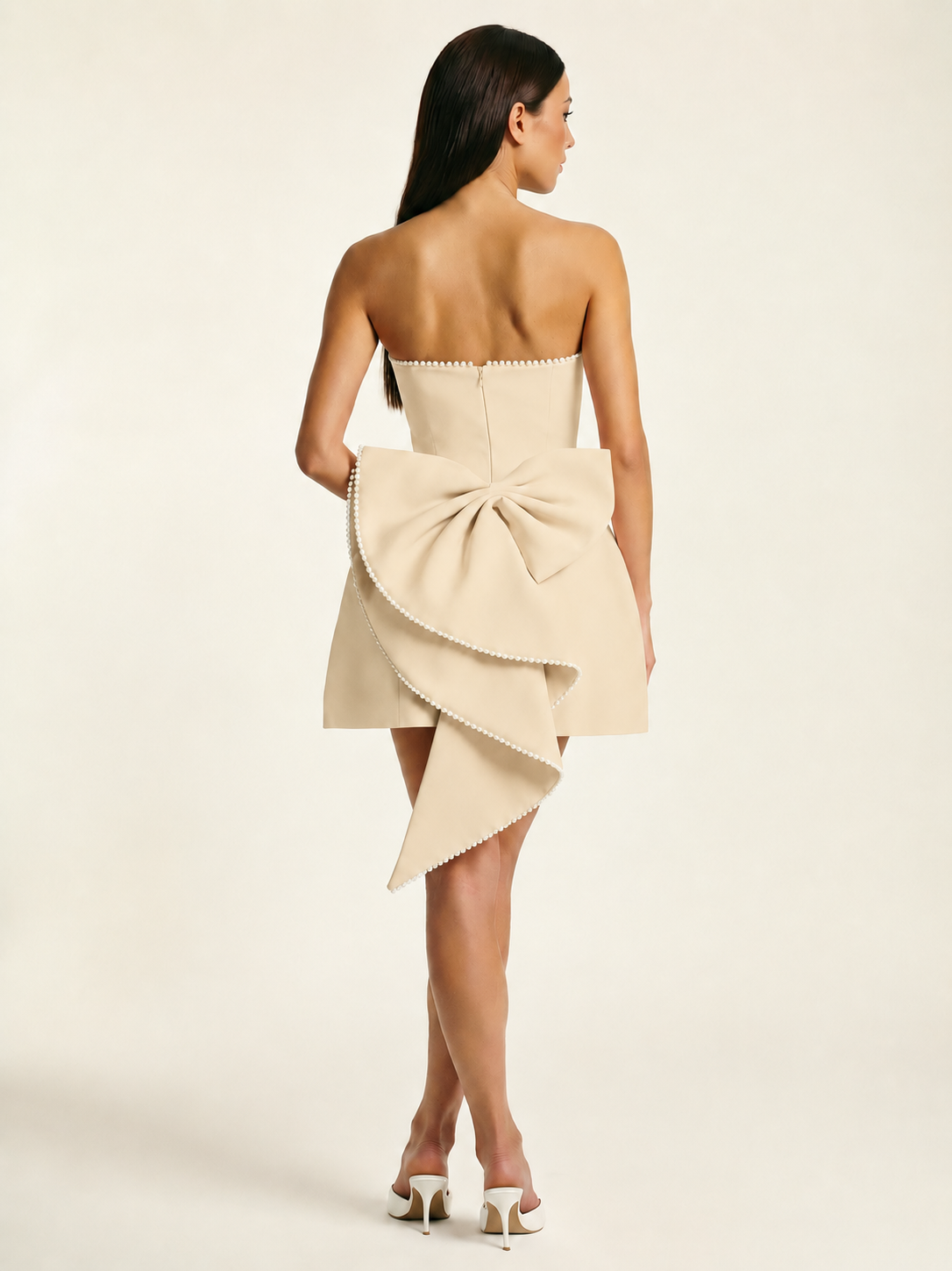 Strapless Pearl Trim Bow Back A-Line Mini Dress