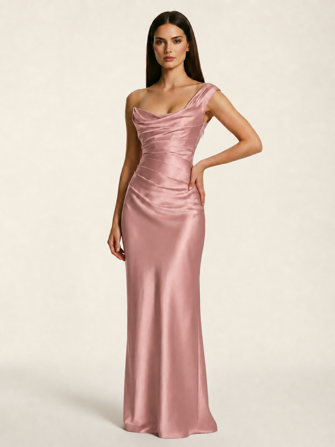 Single-shoulder satin back strap design formal dress