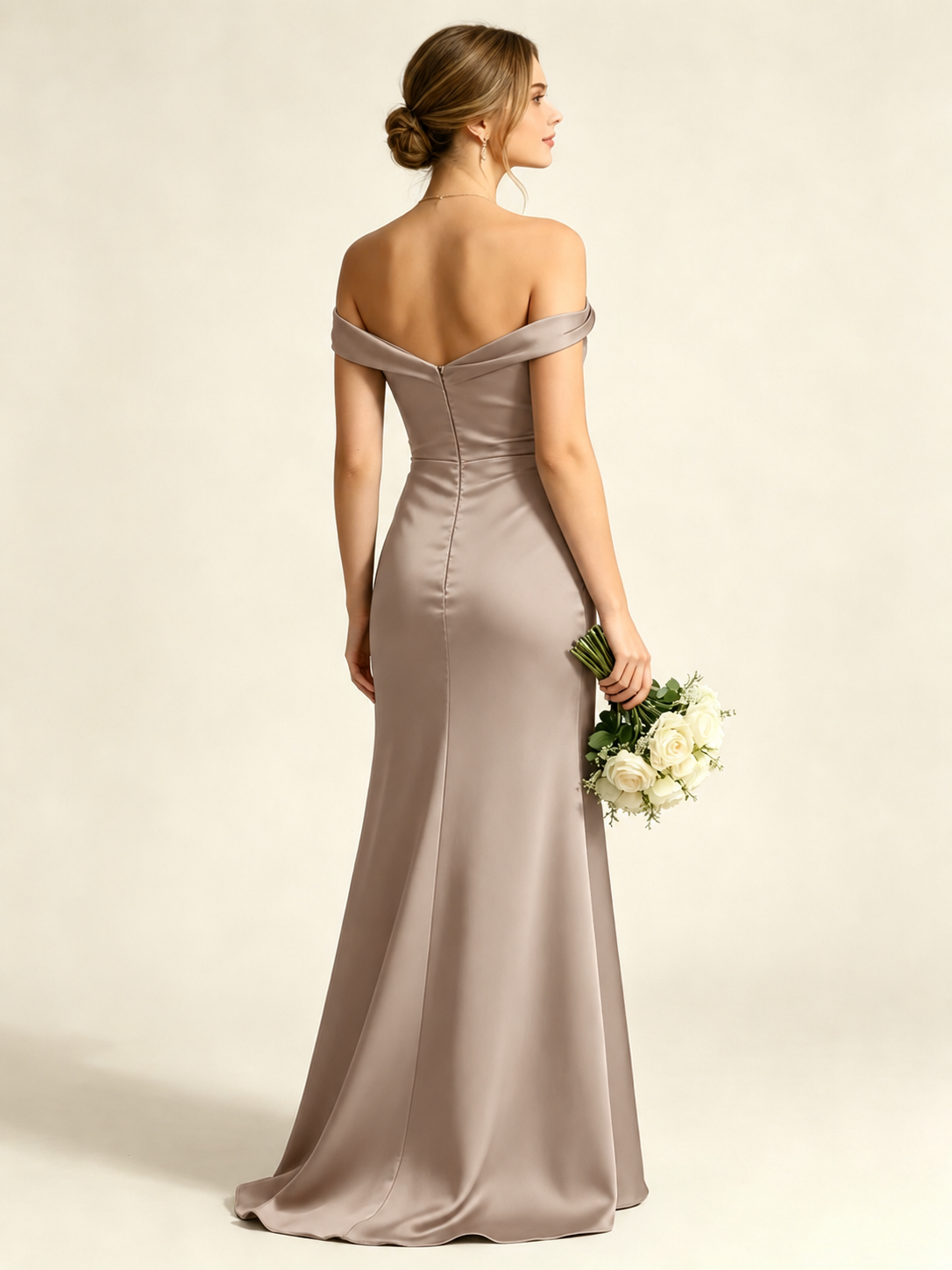 Satin Mermaid Bridesmaid Maxi Dress, Asymmetrical Off Shoulder Ruched Waist Open Back
