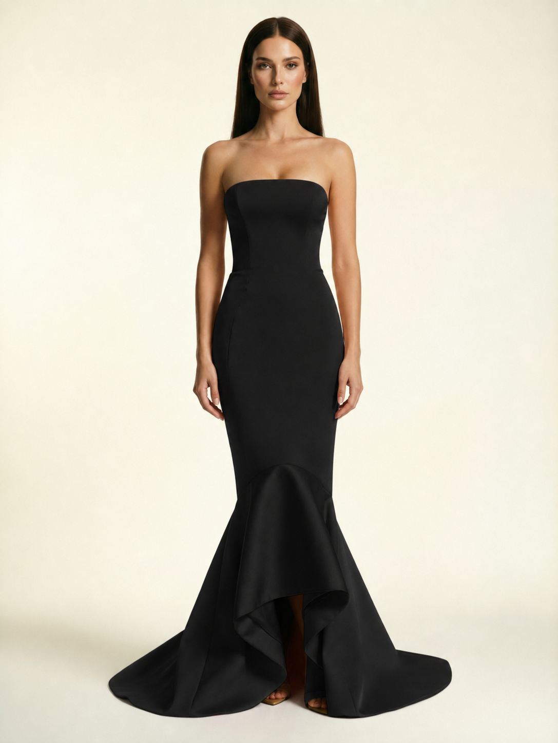 Strapless Satin Mermaid Dress With Ruffled Train & Lace-Up Back