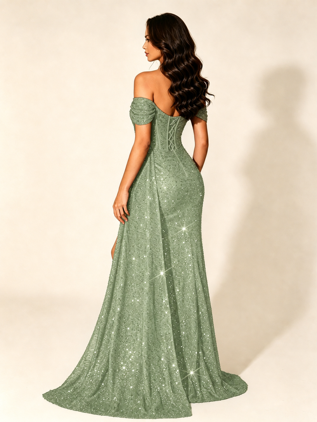 Off Shoulder Sequin High Slit Dress with Train