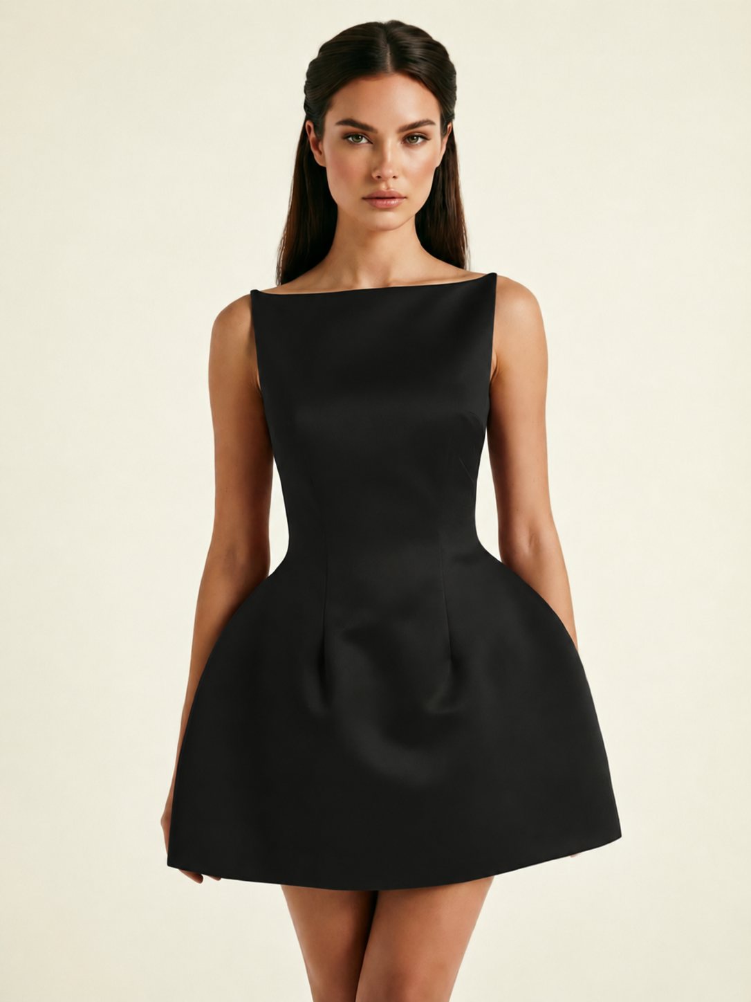 Satin Boat Neck Open Back Fit & Flare Mini Dress