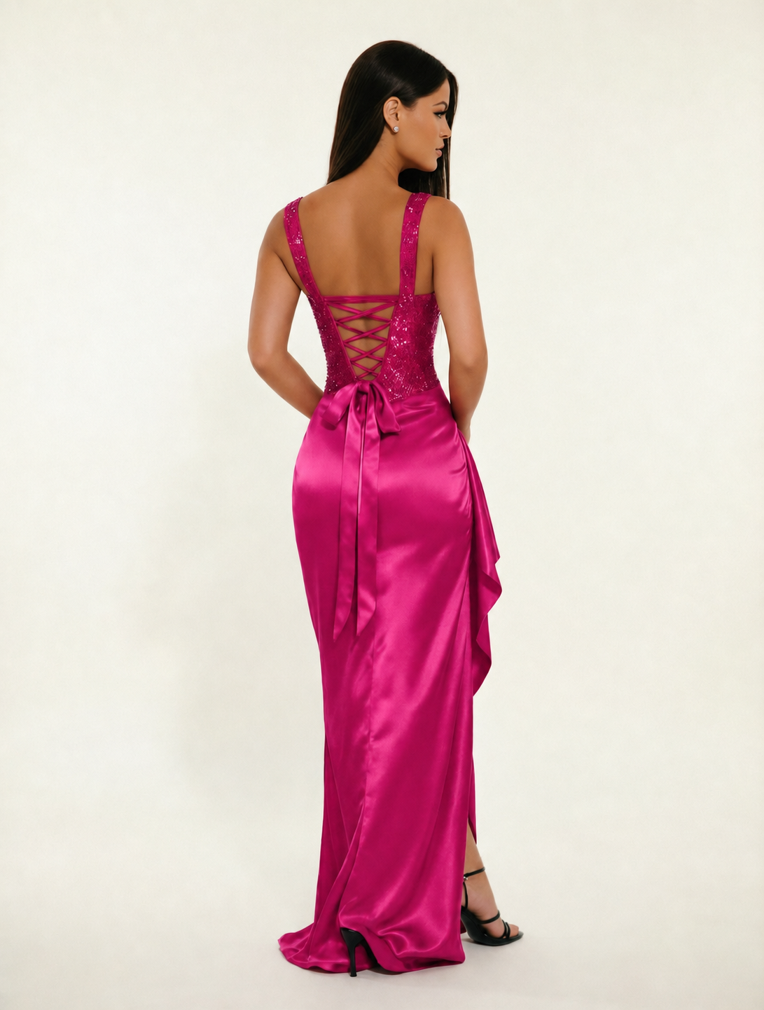 Sequin Corset Satin High Slit Formal Maxi Dress