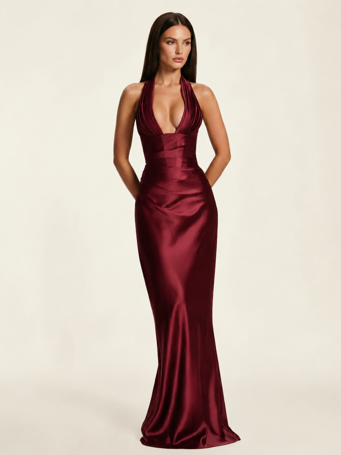 Deep V Satin Mermaid Lace-Up Back Formal Dress