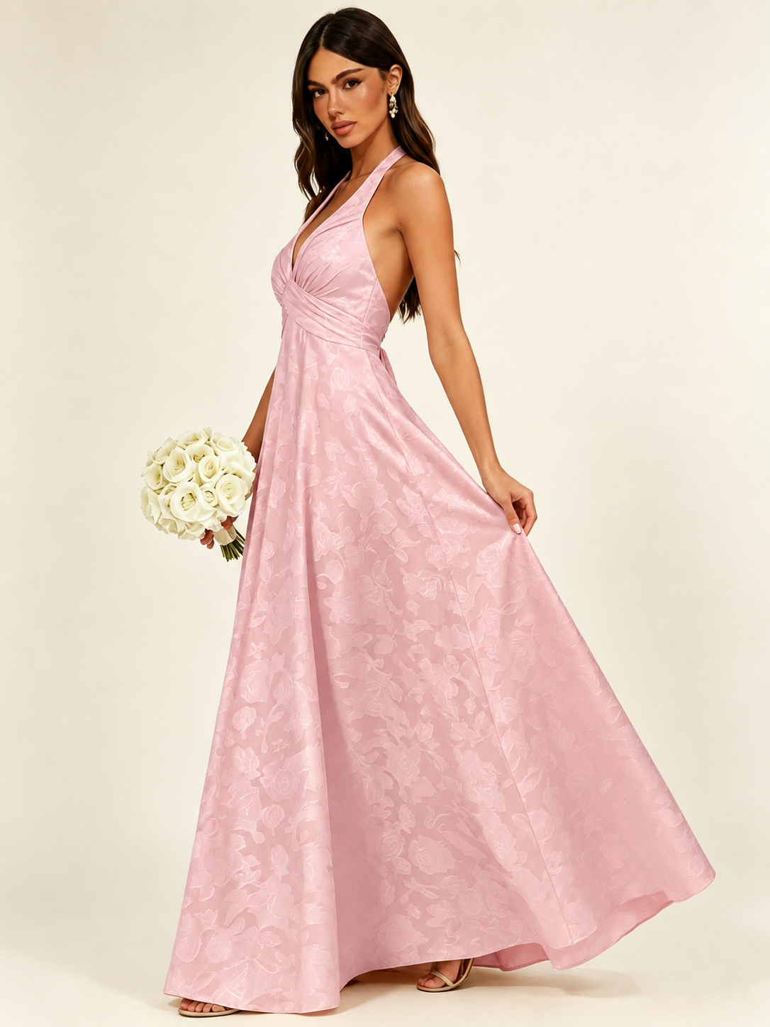 Floral Jacquard Halter Deep V A-Line Maxi Dress Backless Lace-Up Corset Bridesmaid Dress