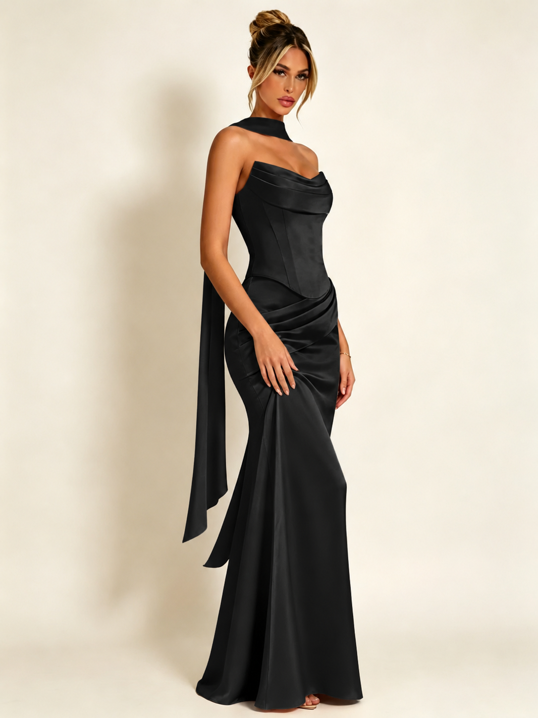 Satin Cowl Neck Mermaid Evening Dress with Corset Bodice and Draped Straps