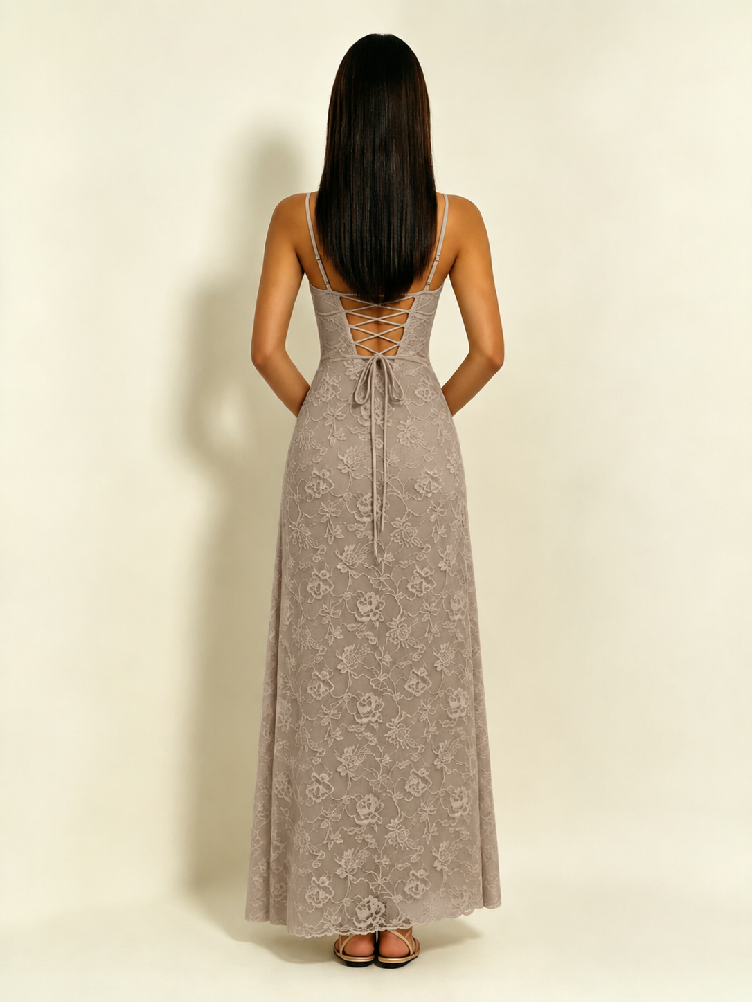 Satin Bust Lace Midi Maxi Dress, Spaghetti Strap Cross Lace Up Back Bridesmaid Dress