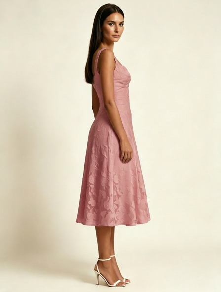 3D Floral Jacquard Square Neck Midi Dress