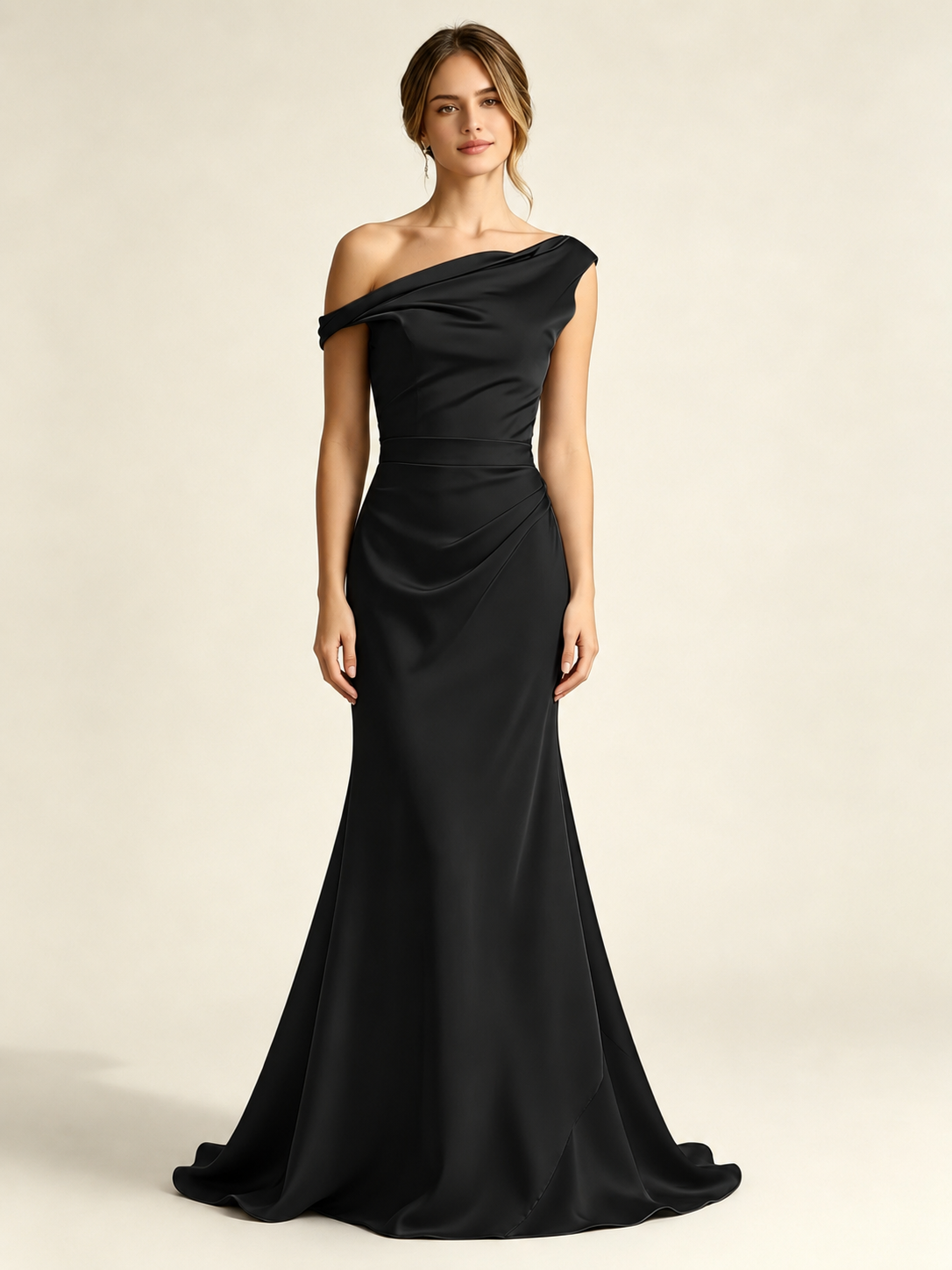 Satin Mermaid Bridesmaid Maxi Dress, Asymmetrical Off Shoulder Ruched Waist Open Back