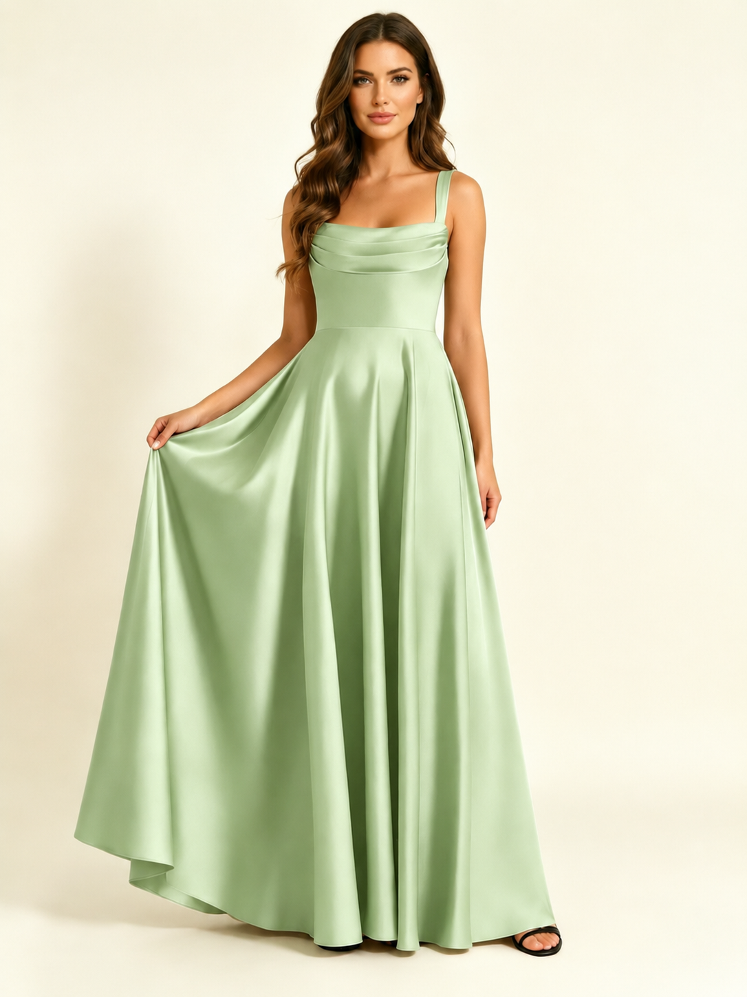 Satin Draped Cowl Square Neck A-Line Maxi Bridesmaid Dress