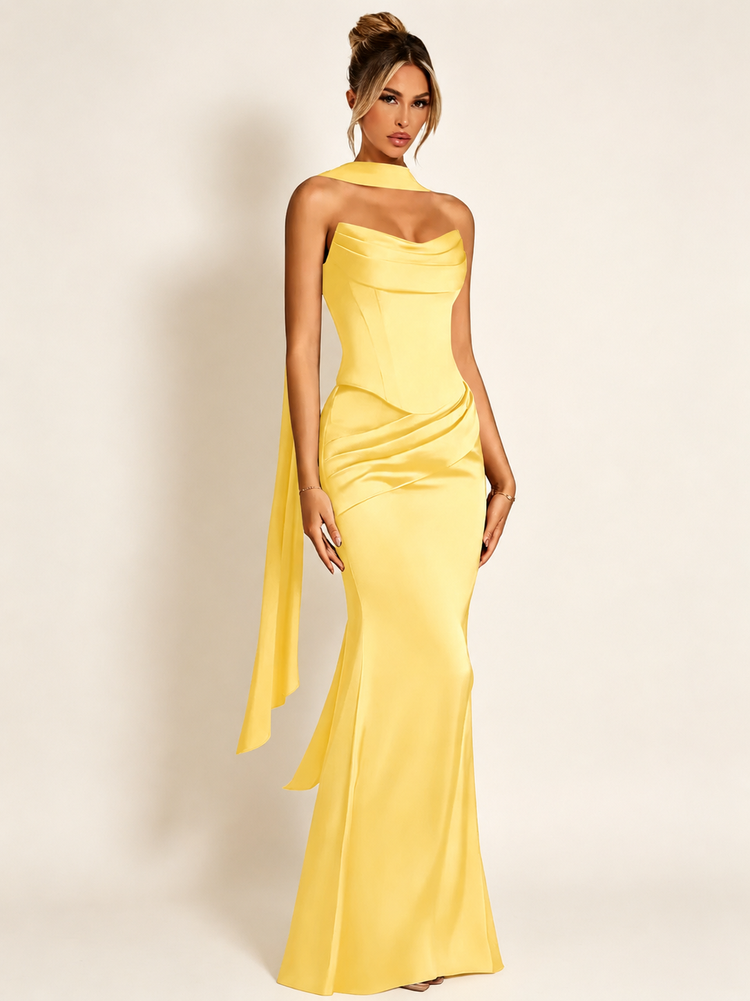 Satin Cowl Neck Mermaid Evening Dress with Corset Bodice and Draped Straps