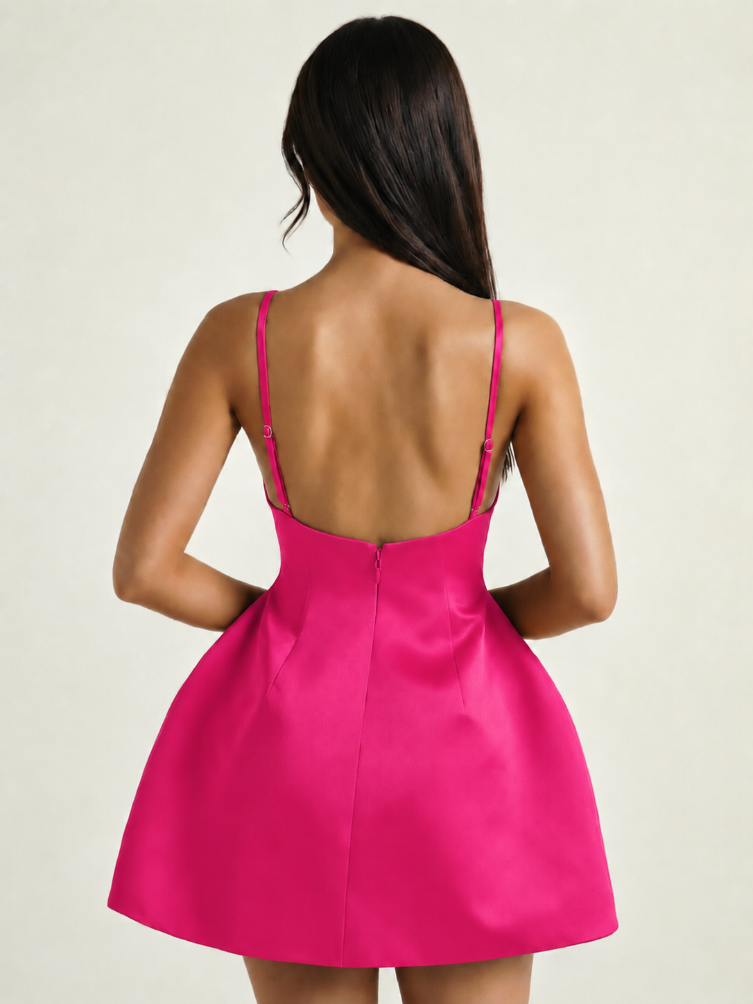 Satin Boat Neck Open Back Fit & Flare Mini Dress
