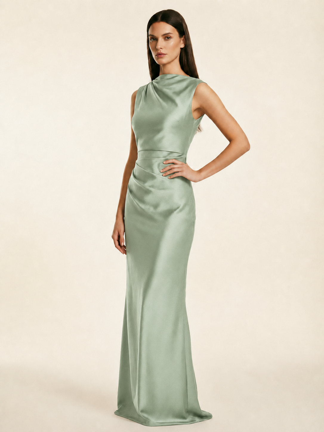 Sleeveless Draped Satin Mermaid Cutout Back Formal Dress