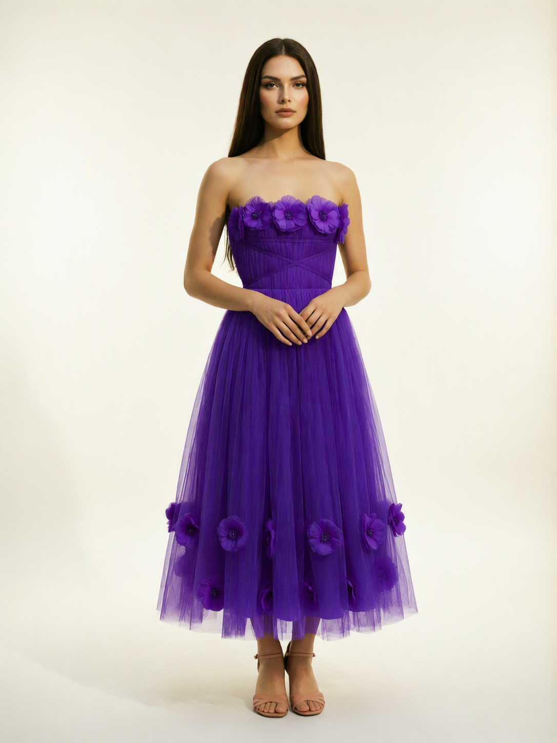 Strapless Tulle Midi Dress with 3D Floral Appliqués, Lace-Up Corset Back