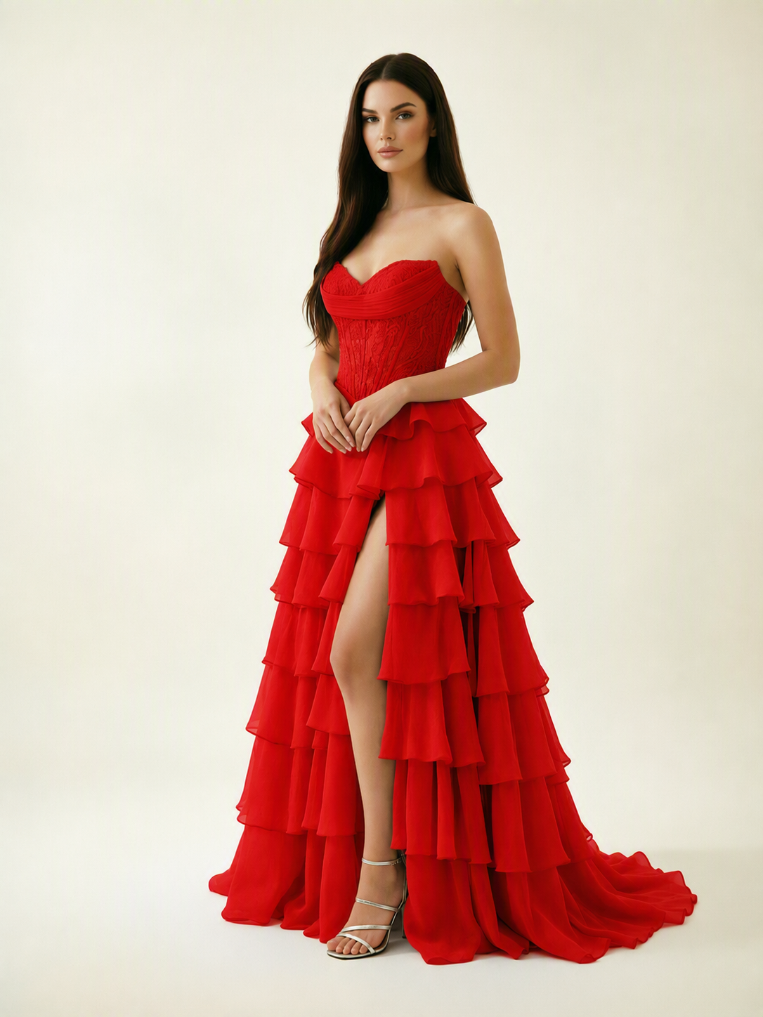 Strapless Lace Corset Tiered High Slit Prom Dress