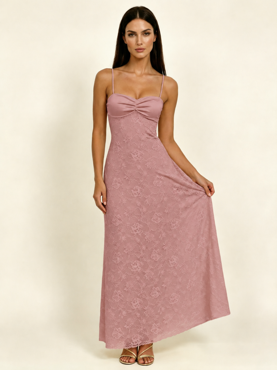 Satin Bust Lace Midi Maxi Dress, Spaghetti Strap Cross Lace Up Back Bridesmaid Dress