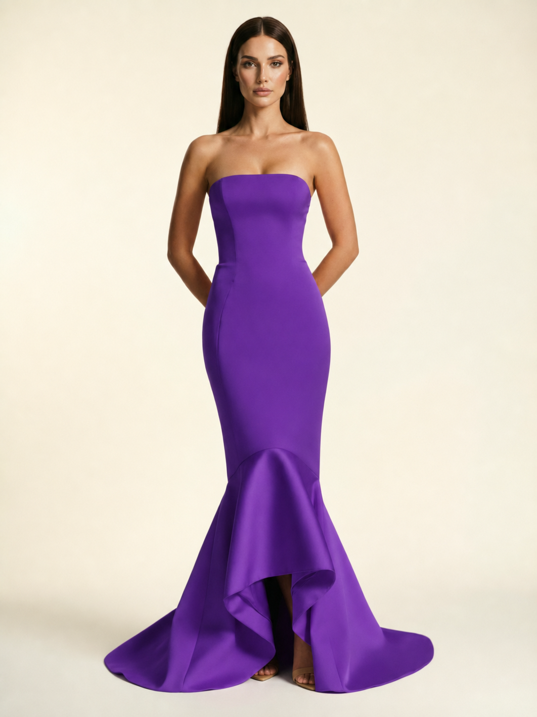 Strapless Satin Mermaid Dress With Ruffled Train & Lace-Up Back