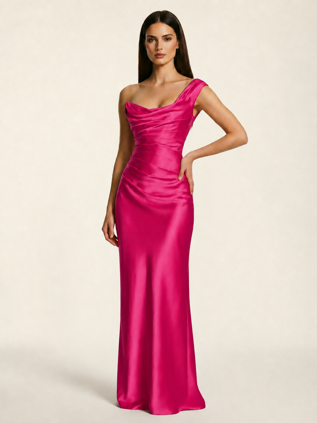 Single-shoulder satin back strap design formal dress