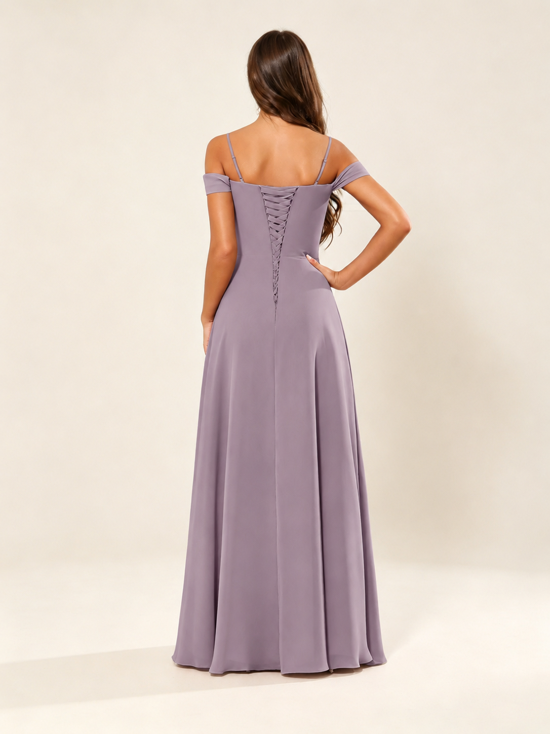 Off shoulder chiffon bridesmaid dress with high slit ruffle