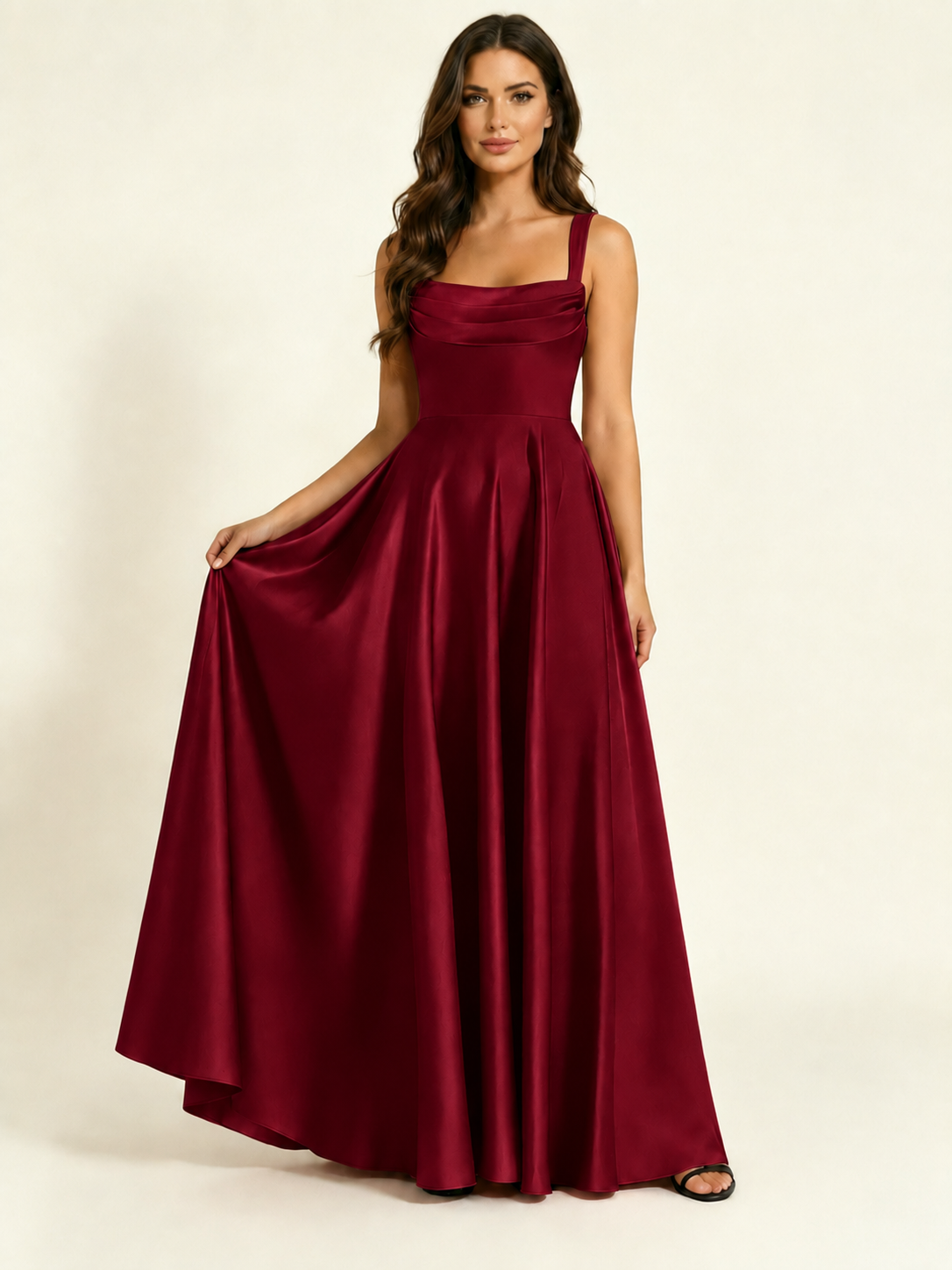 Satin Draped Cowl Square Neck A-Line Maxi Bridesmaid Dress