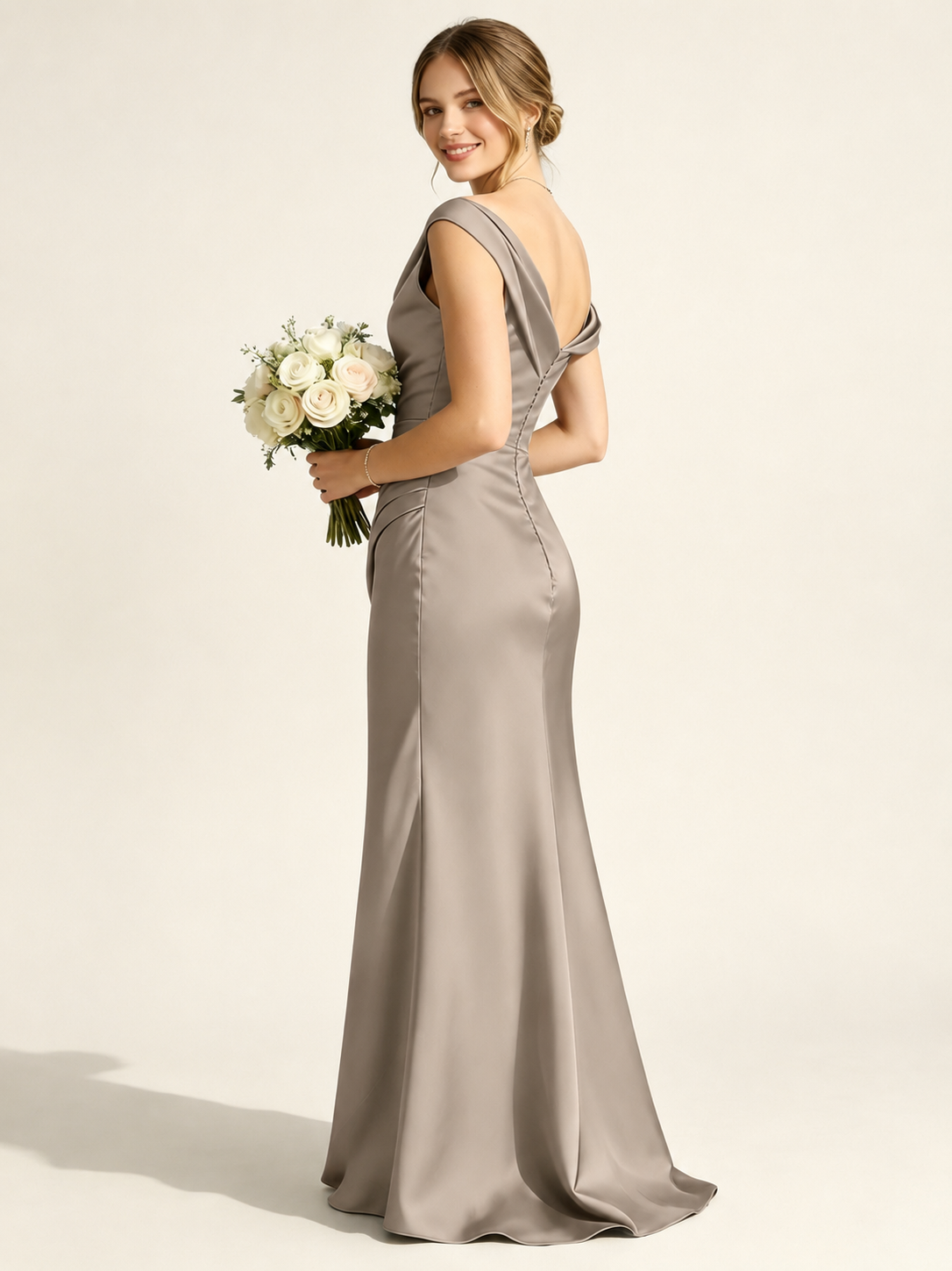 Satin Mermaid Bridesmaid Maxi Dress, Asymmetrical Off Shoulder Ruched Waist Open Back