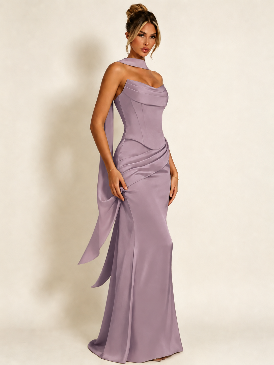 Satin Cowl Neck Mermaid Evening Dress with Corset Bodice and Draped Straps