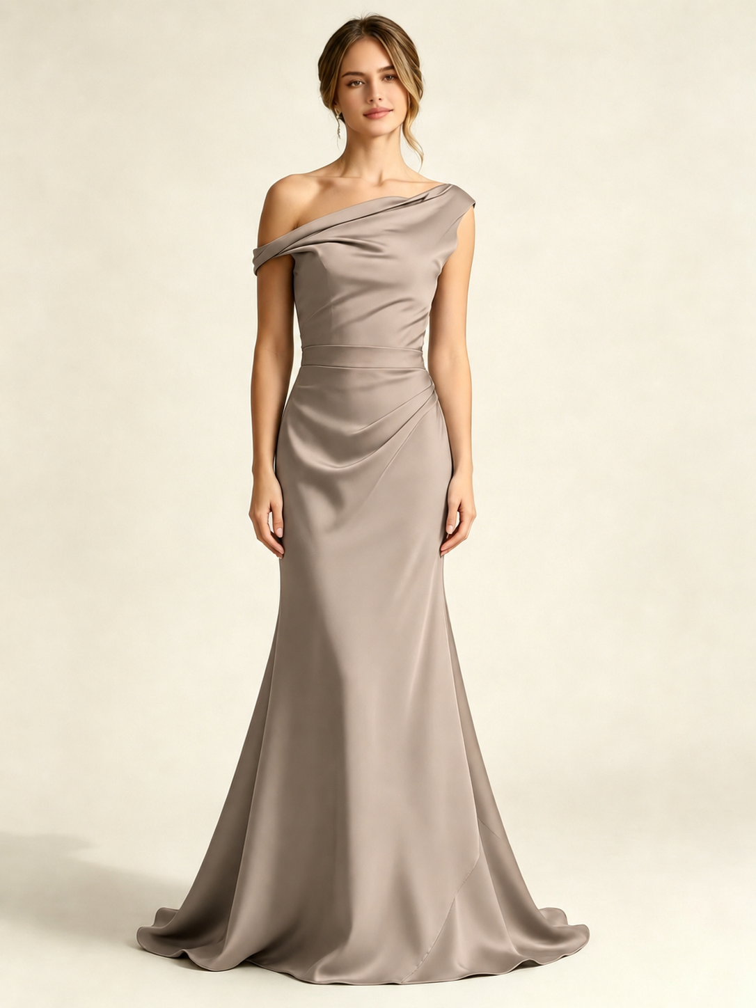 Satin Mermaid Bridesmaid Maxi Dress, Asymmetrical Off Shoulder Ruched Waist Open Back