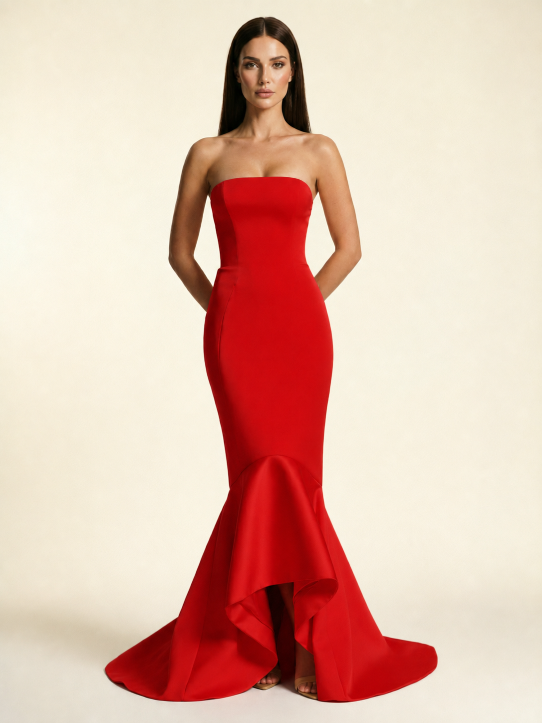 Strapless Satin Mermaid Dress With Ruffled Train & Lace-Up Back