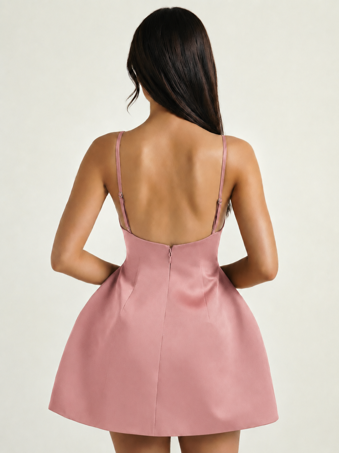 Satin Boat Neck Open Back Fit & Flare Mini Dress