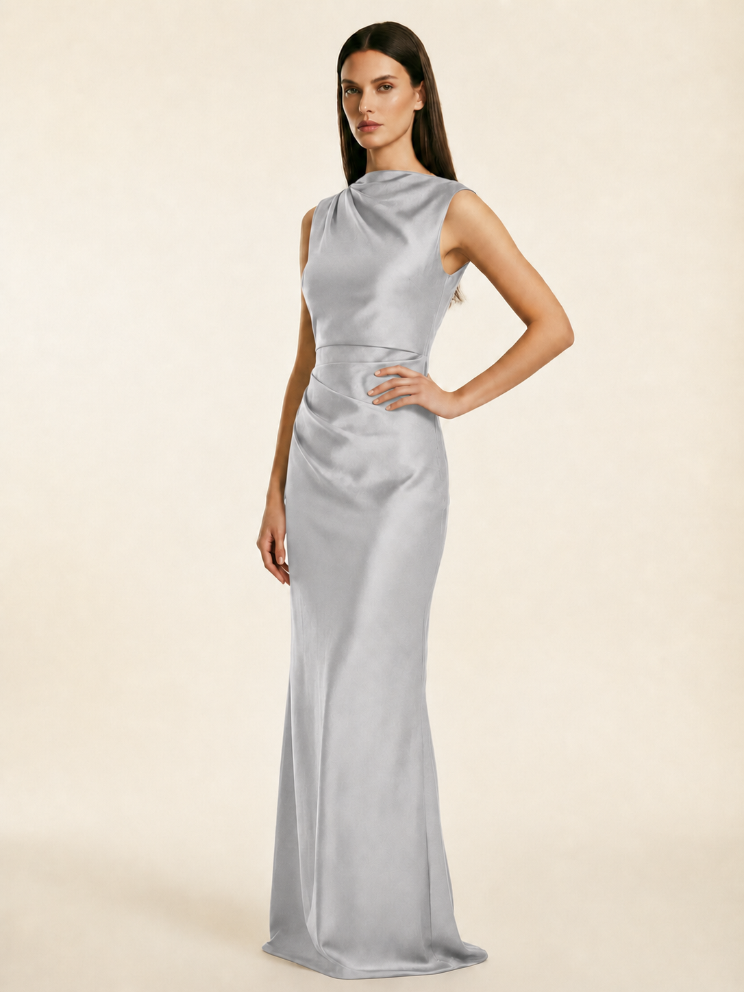 Sleeveless Draped Satin Mermaid Cutout Back Formal Dress